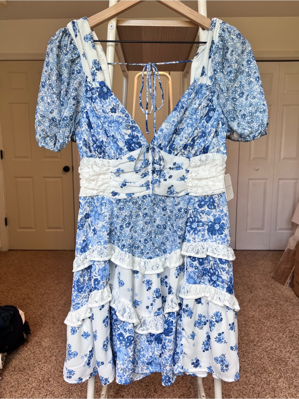 NWT Altar’d State Aderny Patchwork Floral Blue & White Mini Dress Size M